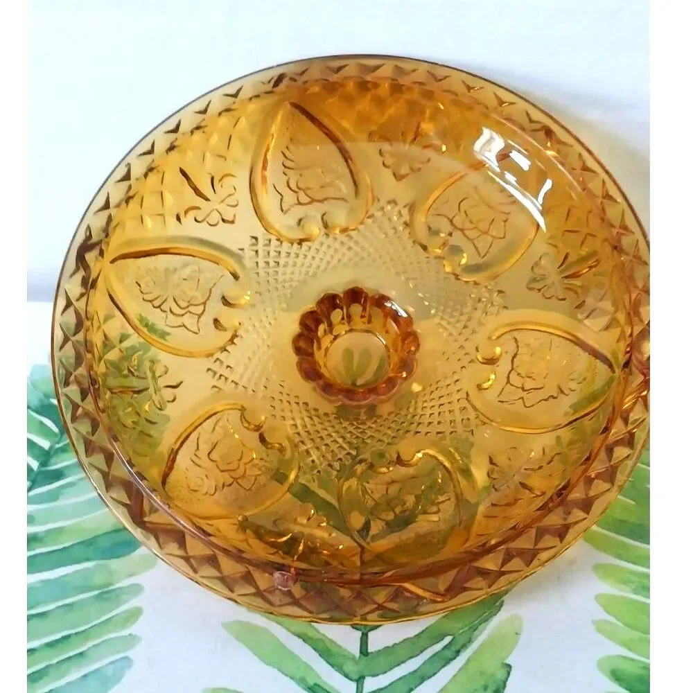 Vintage FNG Indonesia Amber LID ONLY for Candy Dish Heart Rose & Fleur De Lis